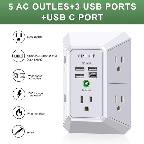 Wall Charger, Surge Protector, QINLIANF 5 Outlet Extender